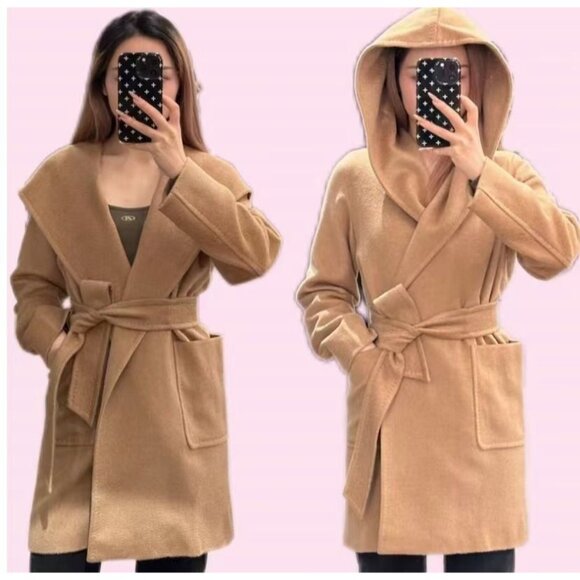 MaxMara Camel Brown Hooded Wool Belted Coat Made In Italy Womens Size 34 - Picture 8 of 8
